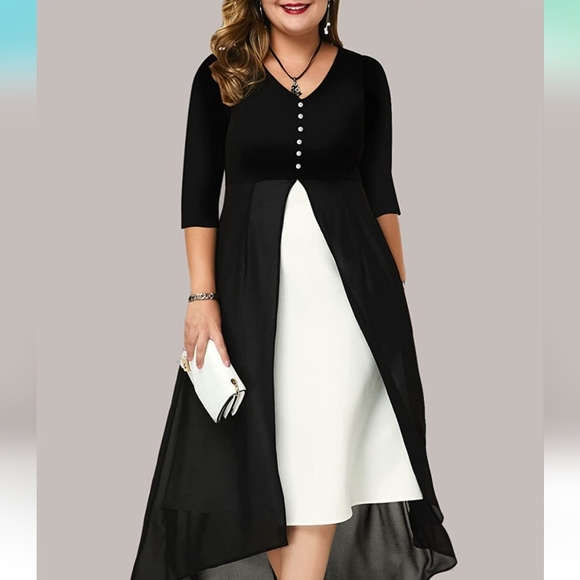Women's Plus Size 3/4 Sleeve Elegant Contrast Chiffon Panel V Neck Midi Dress - Picture 1 of 9